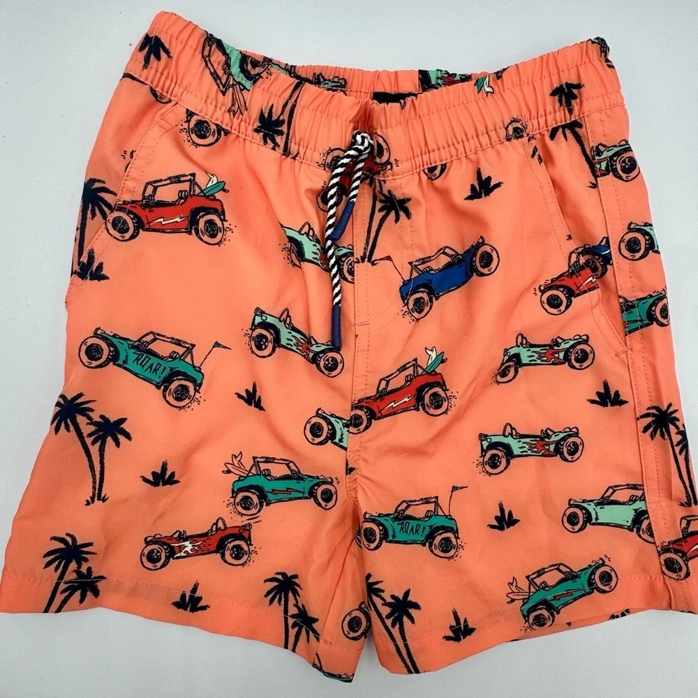 Andy and Evan Sz 7 Swim Trunks - Orange Car Print Shorts